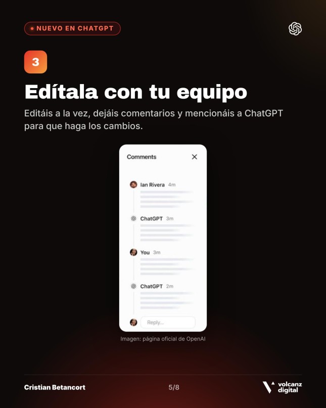 Página de mi carrusel en LinkedIn con el panel de comentarios de ChatGPT Slides: varias personas y ChatGPT intercambian comentarios sobre la misma presentación