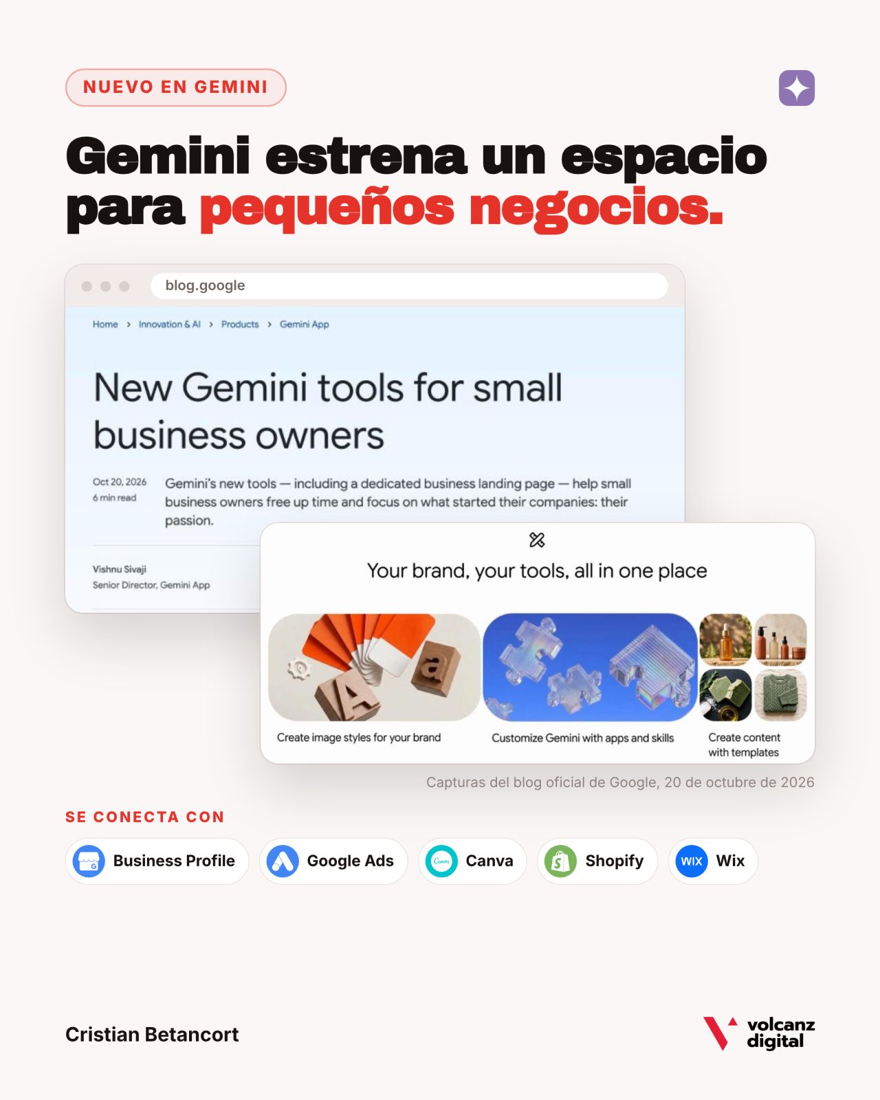 Imagen del post de LinkedIn con capturas del blog de Google sobre el nuevo espacio de Gemini para pequeños negocios y las herramientas que se conectan